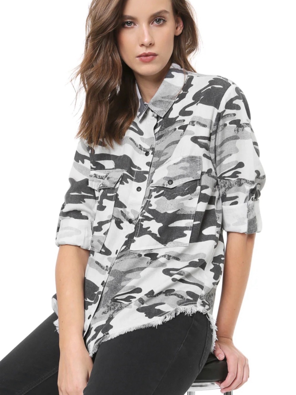 John John Straight Camo Desert Cinza Gray Shirt Button Snap Elevated Minimalist